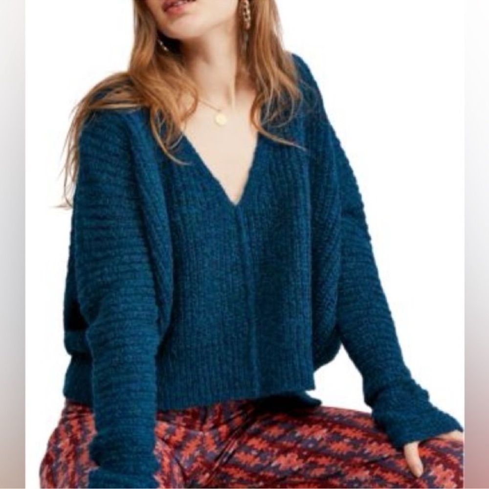 Free People Moonbeam V Neck Alpaca Sweater Womens XS Teal